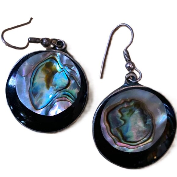 Vintage alpaca silver and abalone Mexico round dangle earrings - Picture 10 of 11